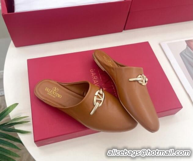 Stylish Valentino The Bold Edition VLogo Flat Mules Tan Brown 429086