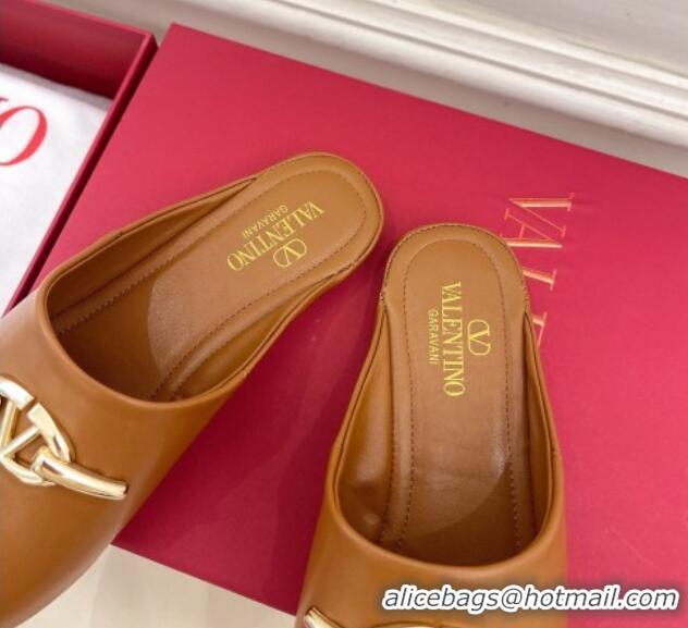 Stylish Valentino The Bold Edition VLogo Flat Mules Tan Brown 429086