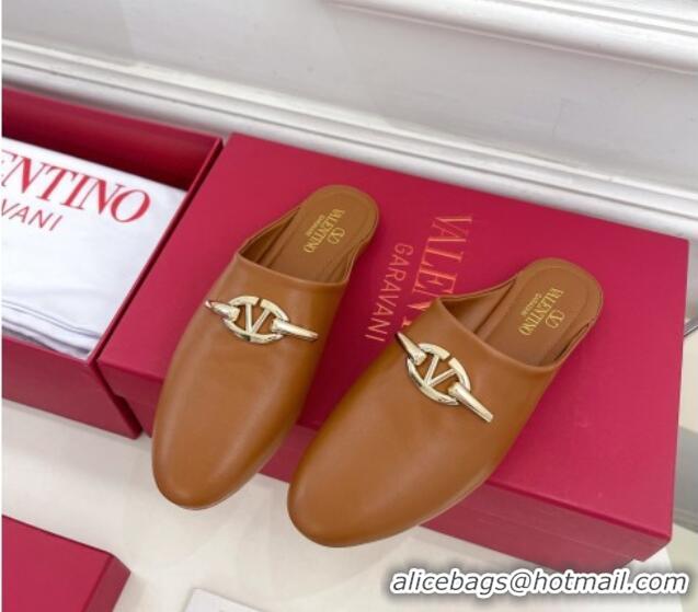 Stylish Valentino The Bold Edition VLogo Flat Mules Tan Brown 429086