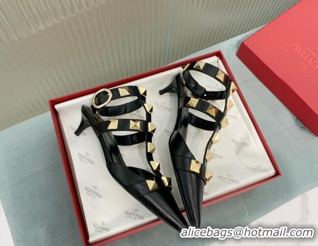 Luxurious Valentino Roman Stud Calfskin Pumps 8cm with Ankle Strap Black 429092