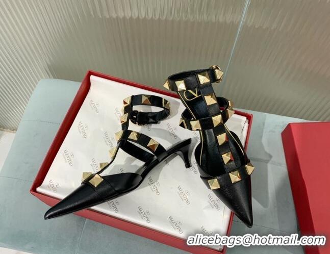 Luxurious Valentino Roman Stud Calfskin Pumps 8cm with Ankle Strap Black 429092