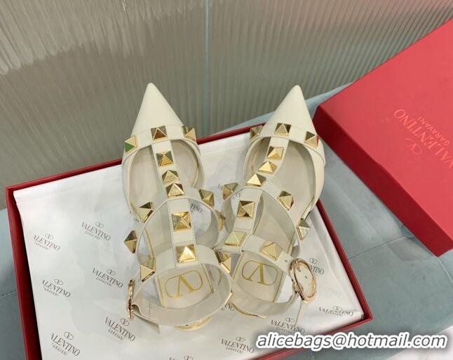 Good Product Luxurious Valentino Roman Stud Calfskin Pumps 8cm with Ankle Strap White 429093