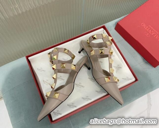 Popular Style Valentino Roman Stud Calfskin Pumps 8cm with Ankle Strap Beige 429094