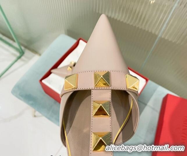 Popular Style Valentino Roman Stud Calfskin Pumps 8cm with Ankle Strap Beige 429094