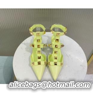 Good Quality Valentino Roman Stud Calfskin Pumps 8cm with Ankle Strap Yellow 429096