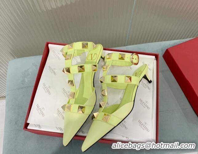 Good Quality Valentino Roman Stud Calfskin Pumps 8cm with Ankle Strap Yellow 429096