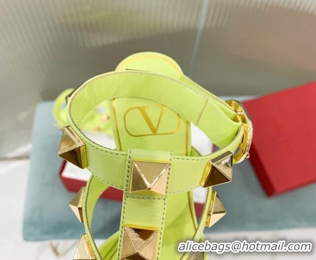 Good Quality Valentino Roman Stud Calfskin Pumps 8cm with Ankle Strap Yellow 429096