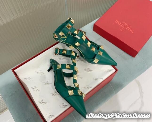 Unique Style Valentino Roman Stud Calfskin Pumps 4/8cm with Ankle Strap Green 429097