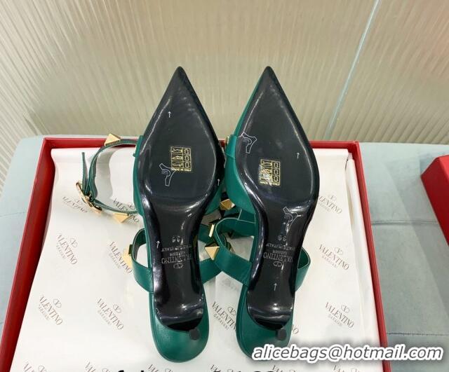 Unique Style Valentino Roman Stud Calfskin Pumps 4/8cm with Ankle Strap Green 429097