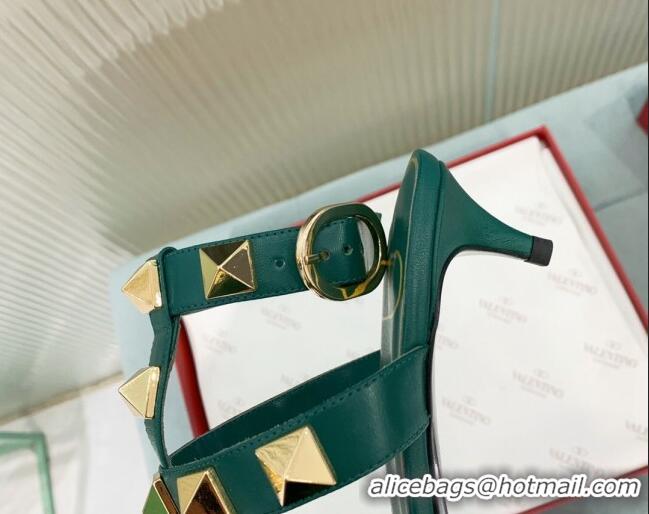 Unique Style Valentino Roman Stud Calfskin Pumps 4/8cm with Ankle Strap Green 429097