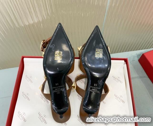 Grade Quality Valentino Roman Stud Calfskin Pumps 8cm with Ankle Strap Brown 429098