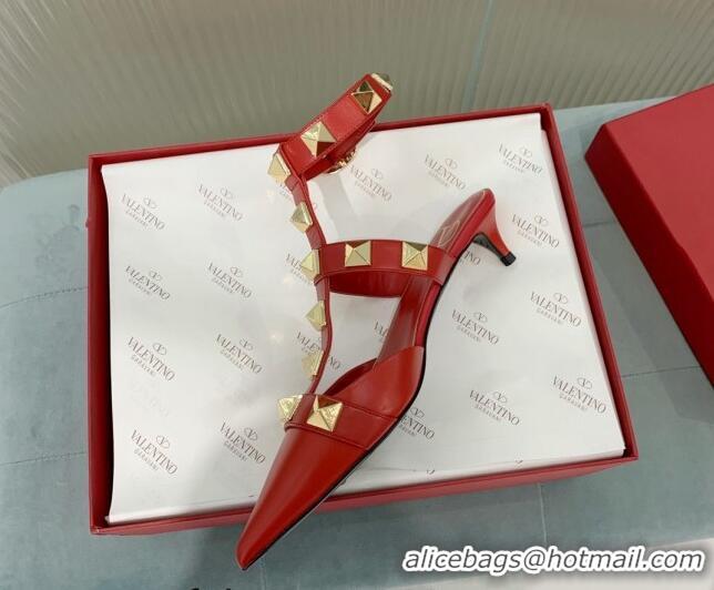 Trendy Design Valentino Roman Stud Calfskin Pumps with Ankle Strap Red 429099