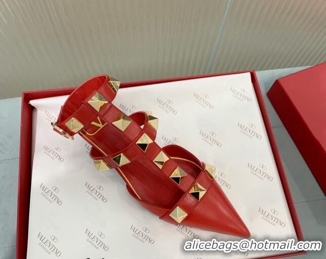 Trendy Design Valentino Roman Stud Calfskin Pumps with Ankle Strap Red 429099