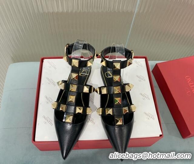 Charming Valentino Roman Stud Calfskin Flats with Ankle Strap Black 429100