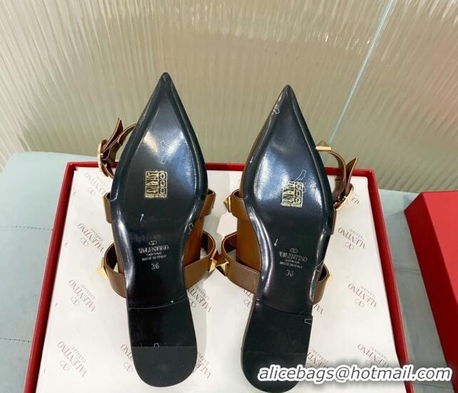 Perfect Valentino Roman Stud Calfskin Flats with Ankle Strap Brown 429103