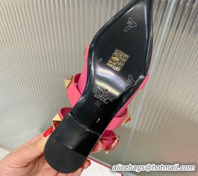 Stylish Valentino Roman Stud Calfskin Flats with Ankle Strap Pink 429104