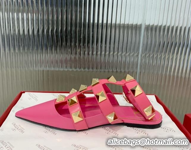 Stylish Valentino Roman Stud Calfskin Flats with Ankle Strap Pink 429104