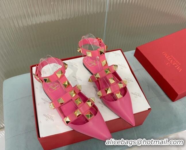 Stylish Valentino Roman Stud Calfskin Flats with Ankle Strap Pink 429104