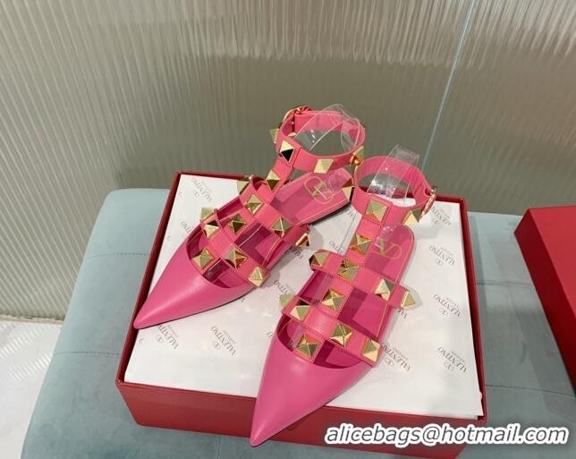 Stylish Valentino Roman Stud Calfskin Flats with Ankle Strap Pink 429104