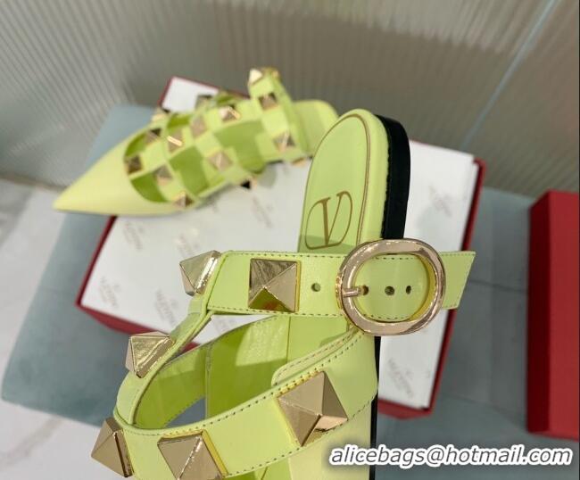 Buy Discount Valentino Roman Stud Calfskin Flats with Ankle Strap Yellow 429105