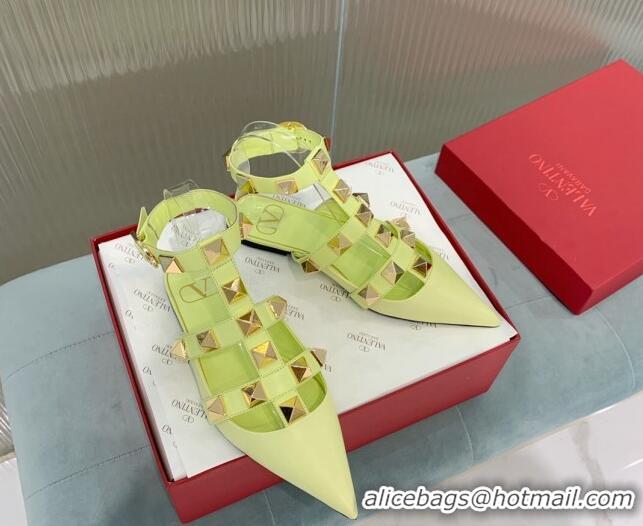 Buy Discount Valentino Roman Stud Calfskin Flats with Ankle Strap Yellow 429105