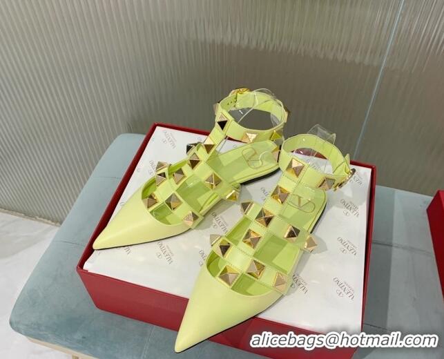 Buy Discount Valentino Roman Stud Calfskin Flats with Ankle Strap Yellow 429105