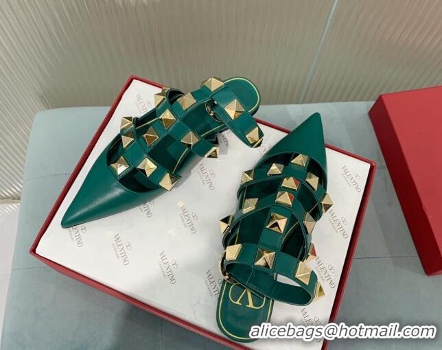 Grade Quality Valentino Roman Stud Calfskin Flats with Ankle Strap Green 429106