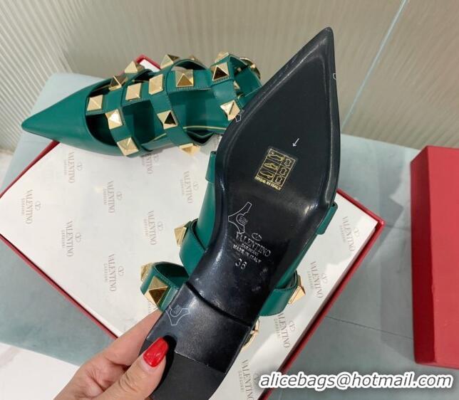 Grade Quality Valentino Roman Stud Calfskin Flats with Ankle Strap Green 429106