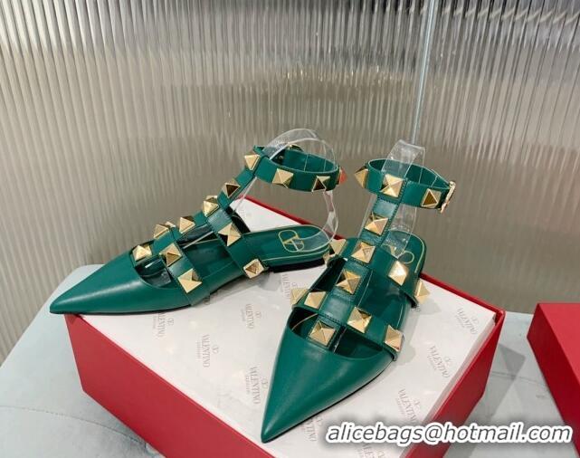 Grade Quality Valentino Roman Stud Calfskin Flats with Ankle Strap Green 429106