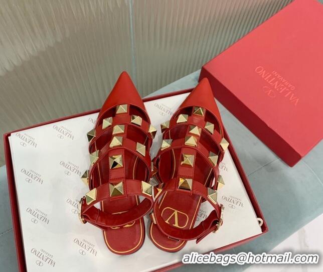 Purchase Valentino Roman Stud Calfskin Flats with Ankle Strap Red 429107