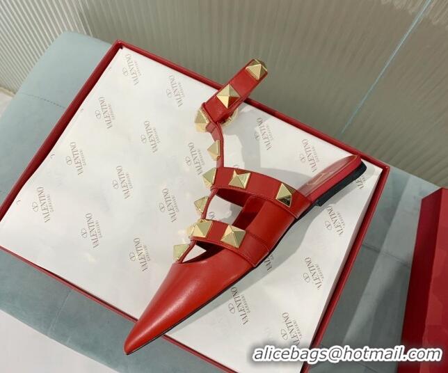 Purchase Valentino Roman Stud Calfskin Flats with Ankle Strap Red 429107