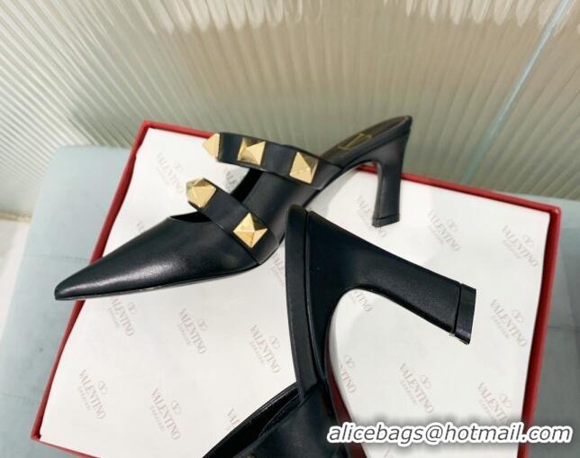 Pretty Style Valentino Roman Stud Calfskin Heel Mules 6.5cm with Straps Black 429108