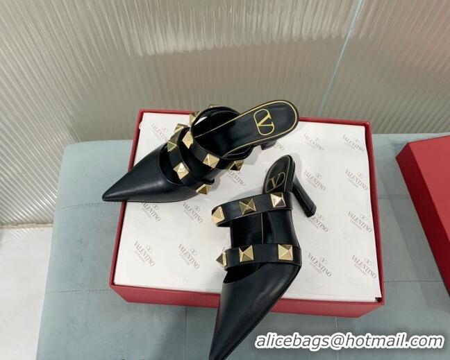 Pretty Style Valentino Roman Stud Calfskin Heel Mules 6.5cm with Straps Black 429108