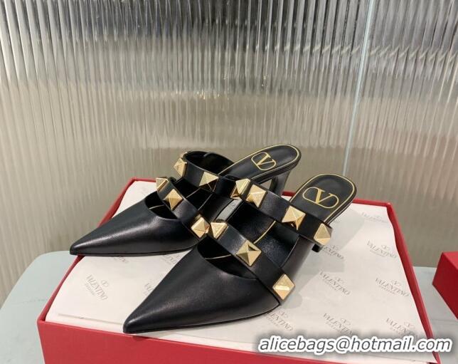 Pretty Style Valentino Roman Stud Calfskin Heel Mules 6.5cm with Straps Black 429108