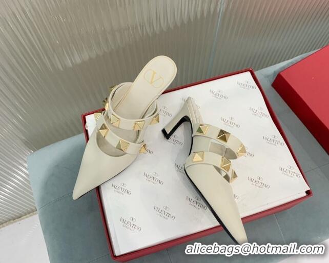 Classic Hot Valentino Roman Stud Calfskin Heel Mules 6.5cm with Straps White 429109