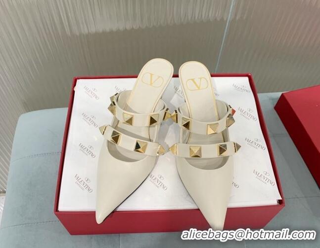 Classic Hot Valentino Roman Stud Calfskin Heel Mules 6.5cm with Straps White 429109