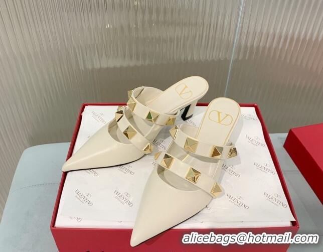 Classic Hot Valentino Roman Stud Calfskin Heel Mules 6.5cm with Straps White 429109