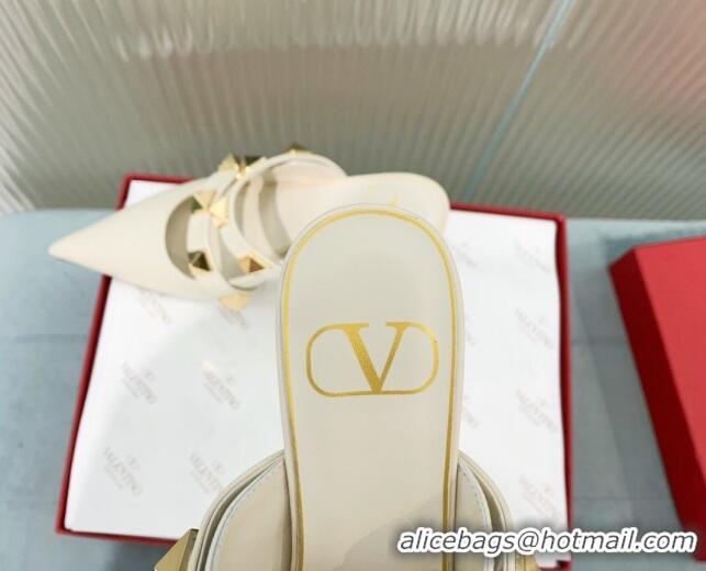 Classic Hot Valentino Roman Stud Calfskin Heel Mules 6.5cm with Straps White 429109