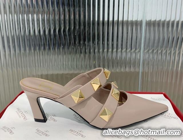 Best Grade Valentino Roman Stud Calfskin Heel Mules 6.5cm with Straps Beige 429110