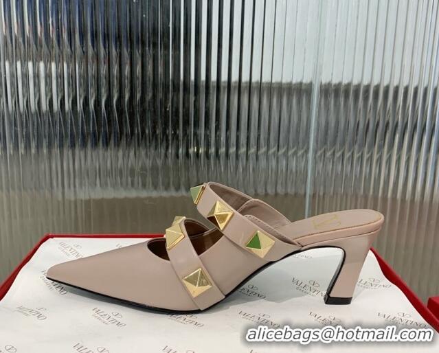 Best Grade Valentino Roman Stud Calfskin Heel Mules 6.5cm with Straps Beige 429110