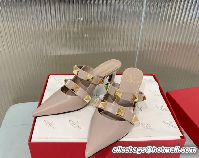 Best Grade Valentino Roman Stud Calfskin Heel Mules 6.5cm with Straps Beige 429110