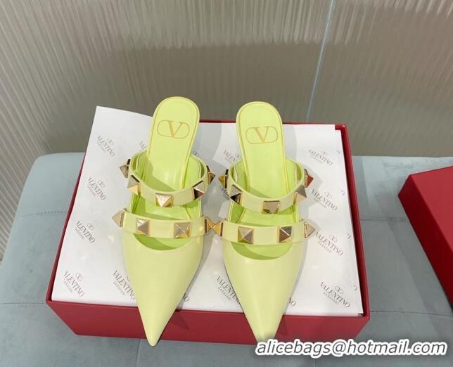 Low Price Valentino Roman Stud Calfskin Heel Mules 6.5cm with Straps Yellow 429111