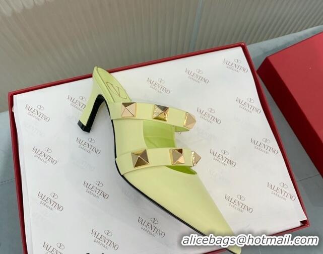 Low Price Valentino Roman Stud Calfskin Heel Mules 6.5cm with Straps Yellow 429111