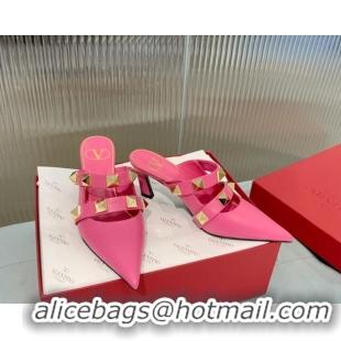 Fashion Valentino Roman Stud Calfskin Heel Mules 6.5cm with Straps Pink 429112