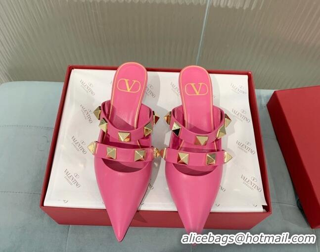 Fashion Valentino Roman Stud Calfskin Heel Mules 6.5cm with Straps Pink 429112