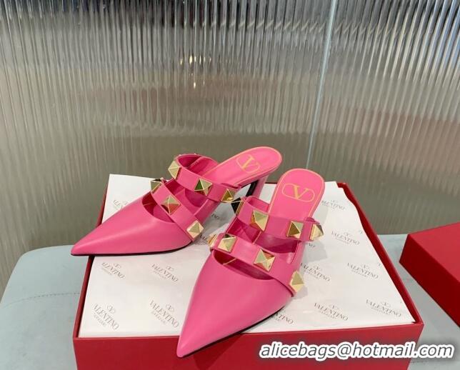 Fashion Valentino Roman Stud Calfskin Heel Mules 6.5cm with Straps Pink 429112