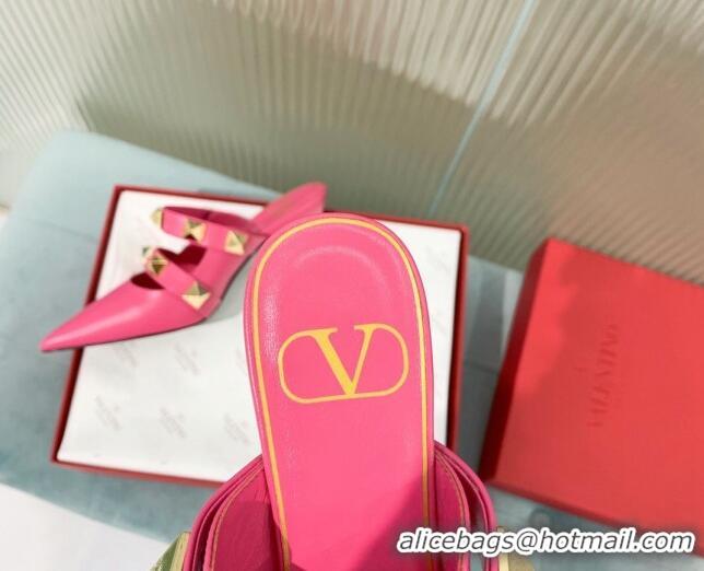 Fashion Valentino Roman Stud Calfskin Heel Mules 6.5cm with Straps Pink 429112