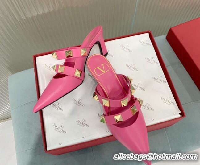 Fashion Valentino Roman Stud Calfskin Heel Mules 6.5cm with Straps Pink 429112