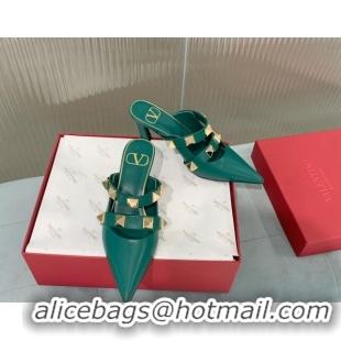 Buy Luxury Valentino Roman Stud Calfskin Heel Mules 6.5cm with Straps Green 429113