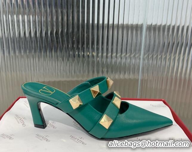 Buy Luxury Valentino Roman Stud Calfskin Heel Mules 6.5cm with Straps Green 429113